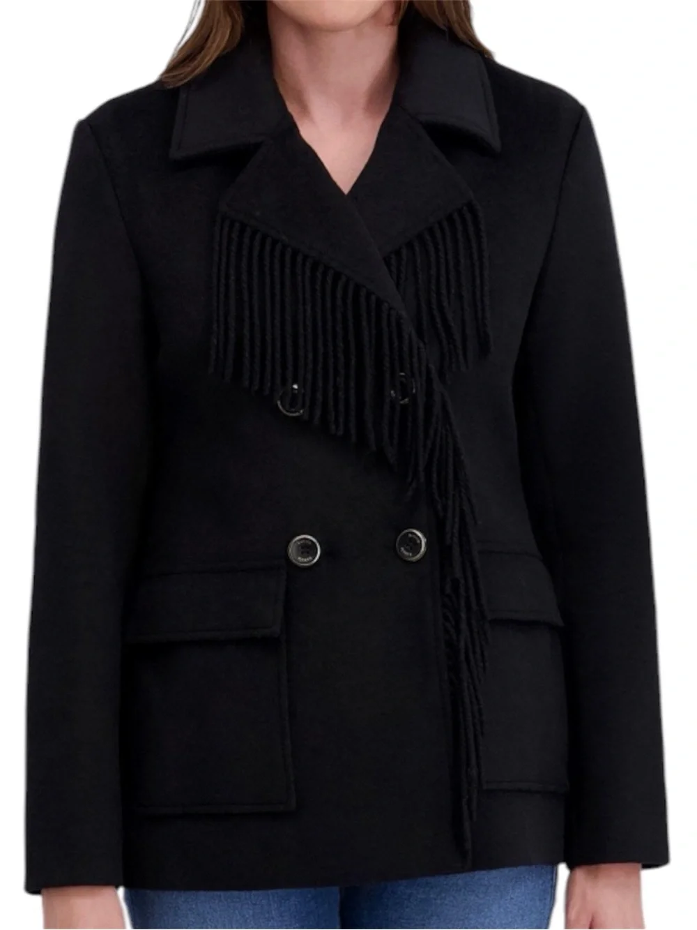 Kensie Fringe Wool Blend Peacoat Jacket Black Double Breasted Patch Pocket Small